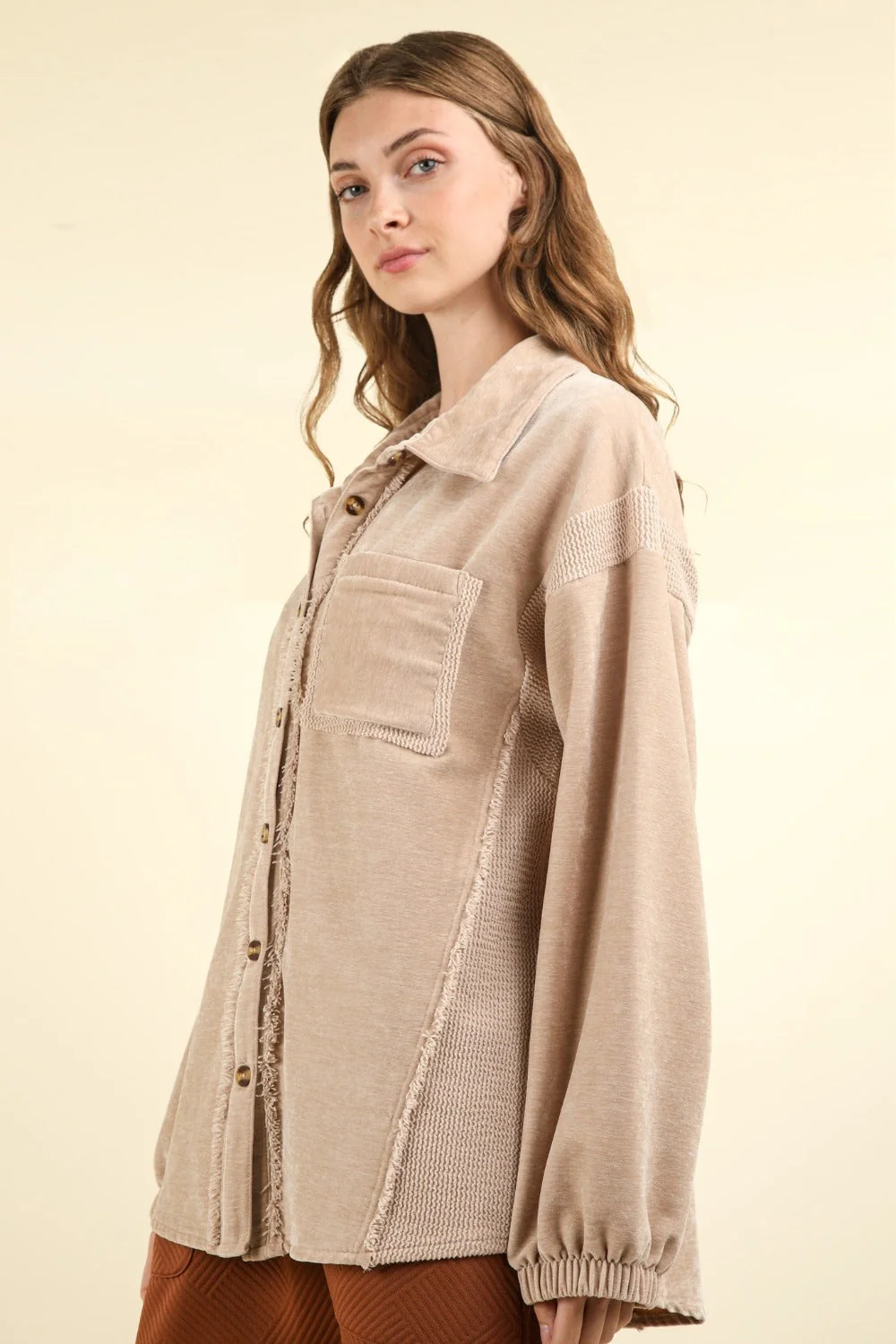 Josefina | Mixed media button-down jacket with raw hem - Image 3