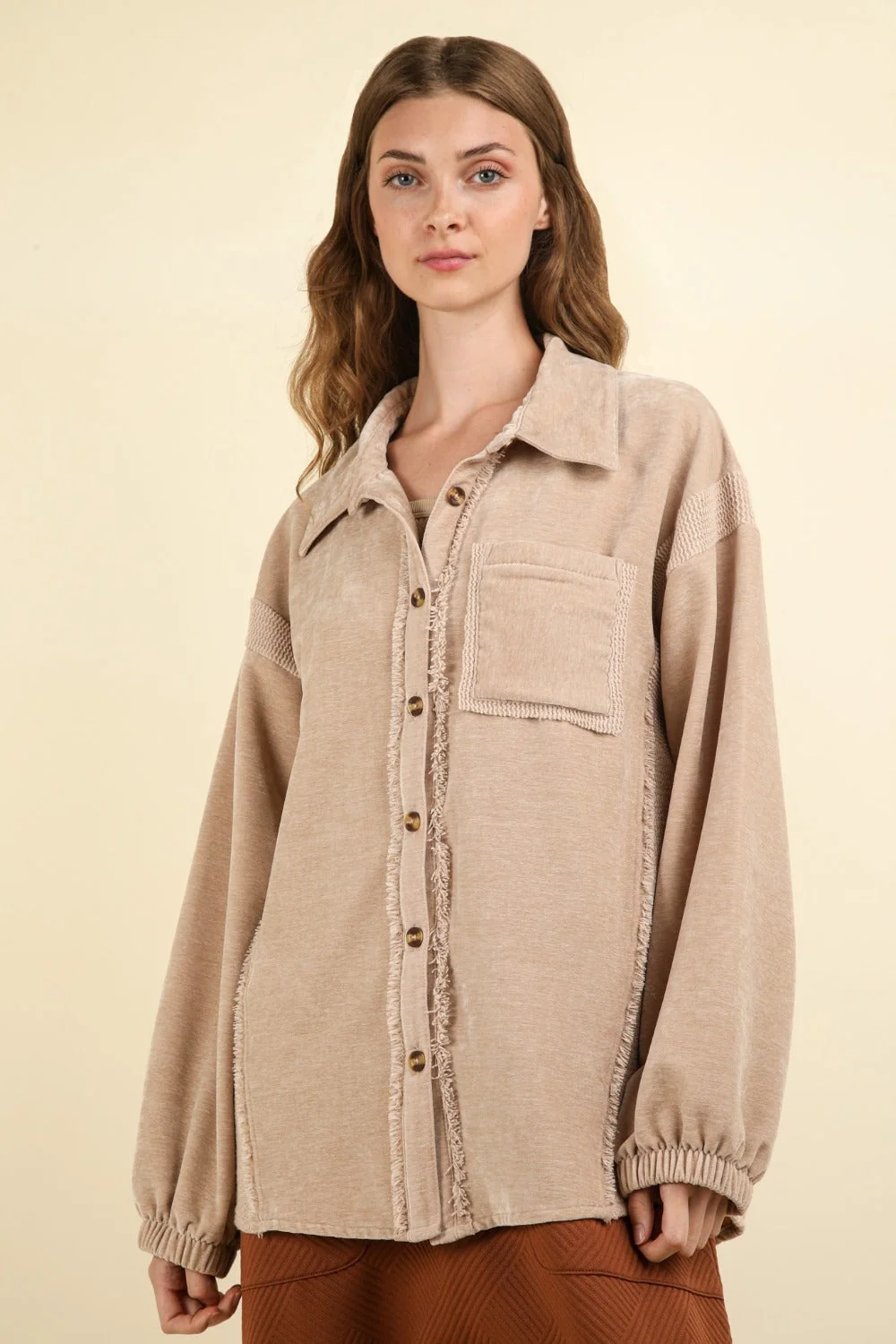 Josefina | Mixed media button-down jacket with raw hem - Image 4