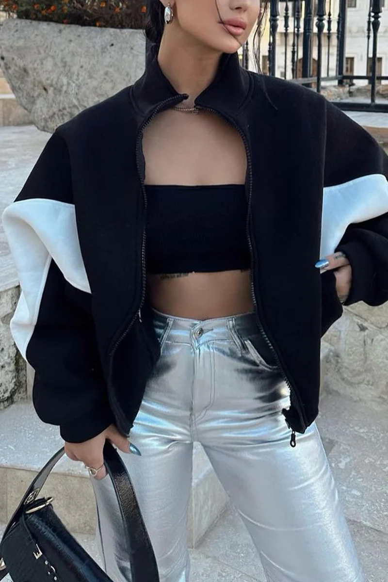 Juana | Casual street outerwear with color block patchwork zipper and contrast stand-up collar - Image 2