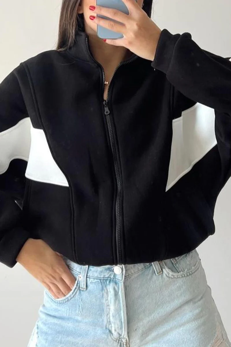 Juana | Casual street outerwear with color block patchwork zipper and contrast stand-up collar - Image 9