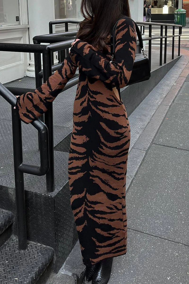 Juana | Street Vintage Leopard Jacquard Ripped Weave O-Neck Pencil Skirt Dresses - Image 3