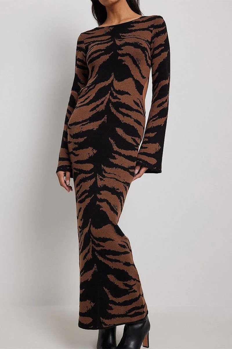 Juana | Street Vintage Leopard Jacquard Ripped Weave O-Neck Pencil Skirt Dresses - Image 4