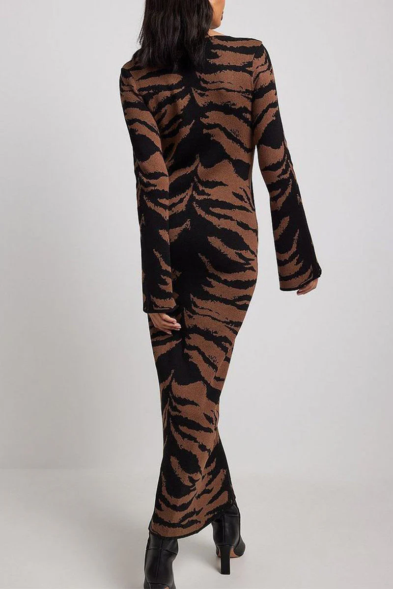 Juana | Street Vintage Leopard Jacquard Ripped Weave O-Neck Pencil Skirt Dresses - Image 5
