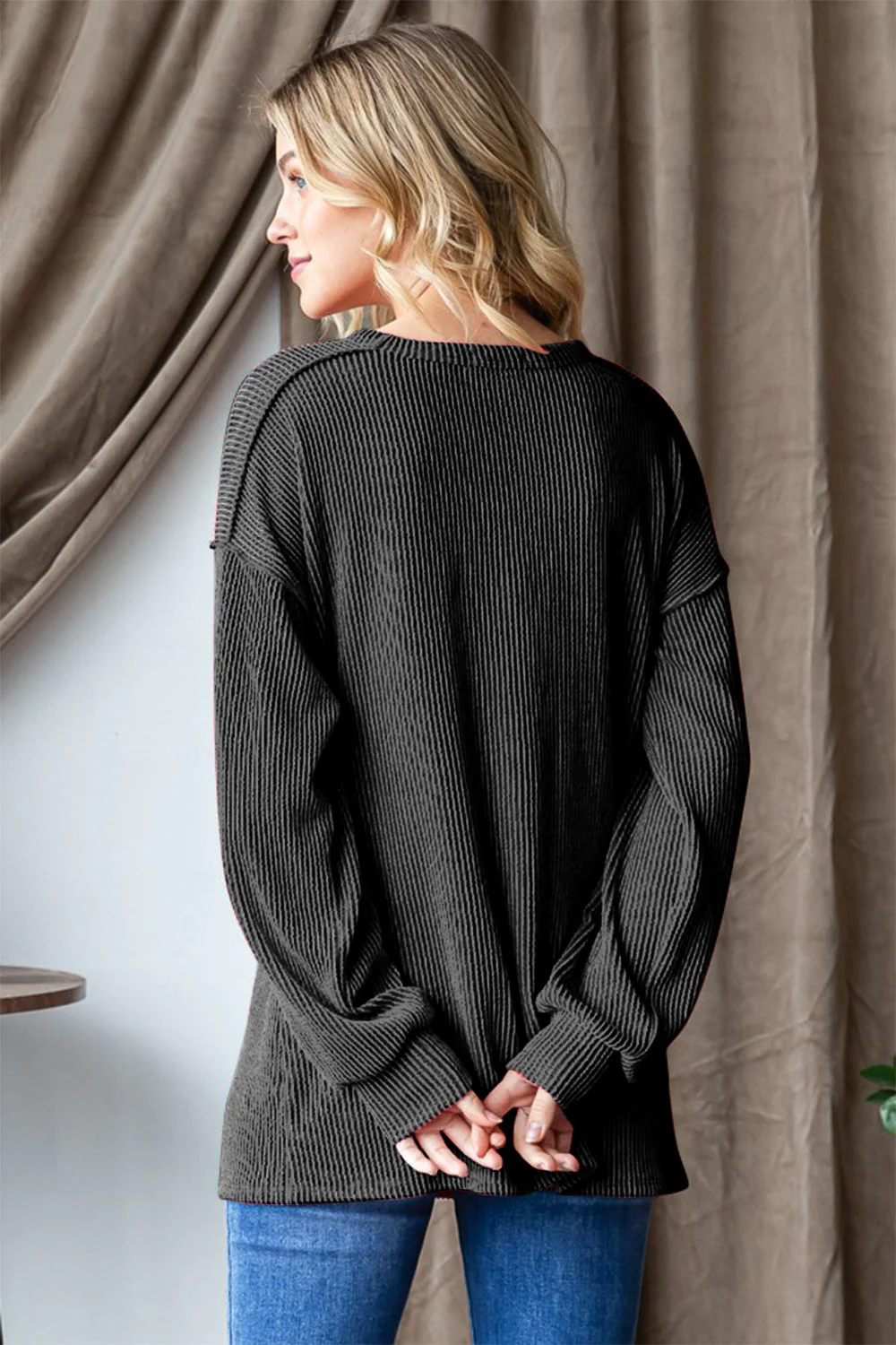 Judith | Long sleeve Heimish t-shirt with ribbed exposed seams - Image 2
