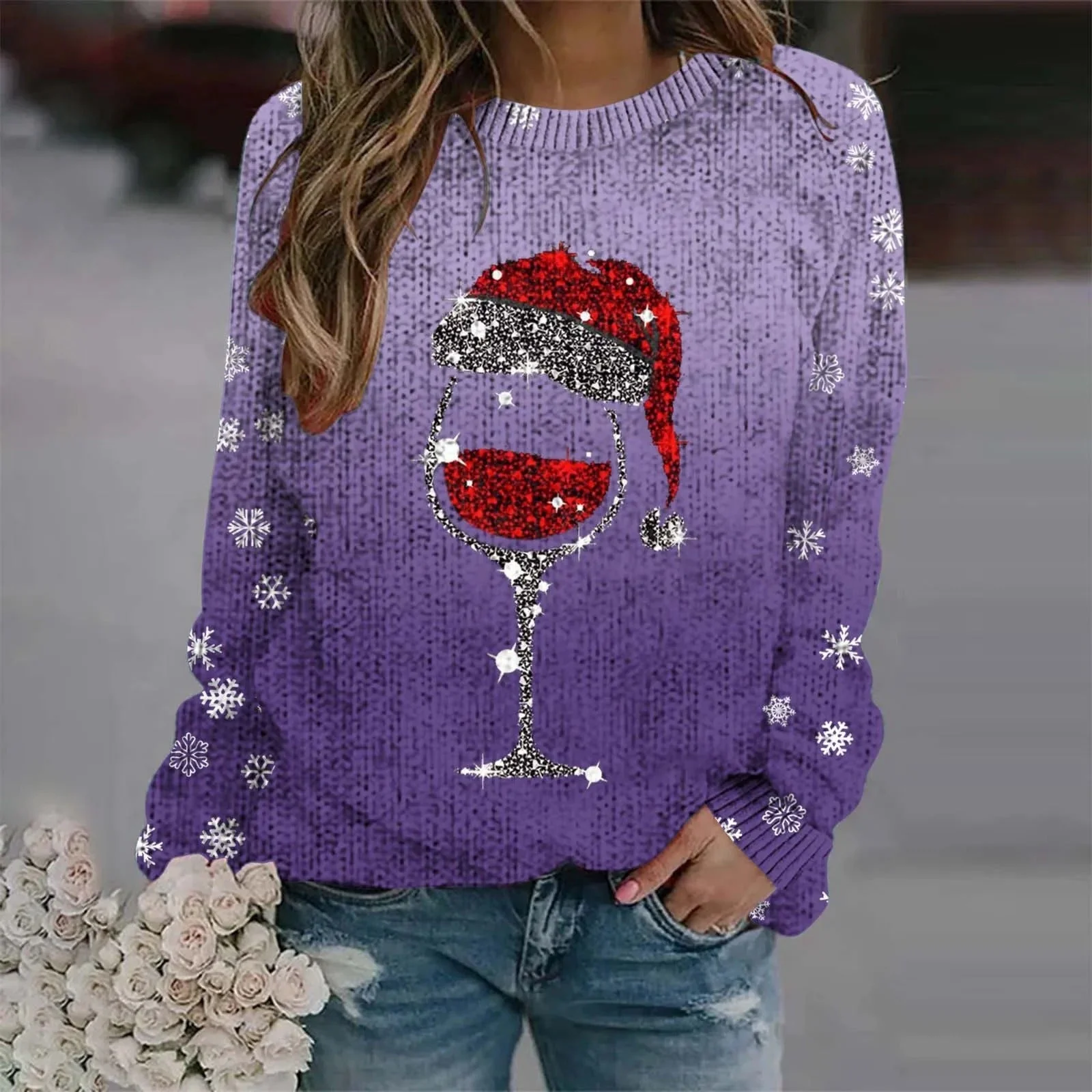 Juliana® | Warm sweater with Christmas wine glass and printed Santa hat for women - Image 3