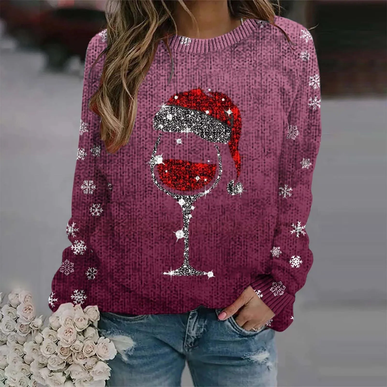 Juliana® | Warm sweater with Christmas wine glass and printed Santa hat for women - Image 4
