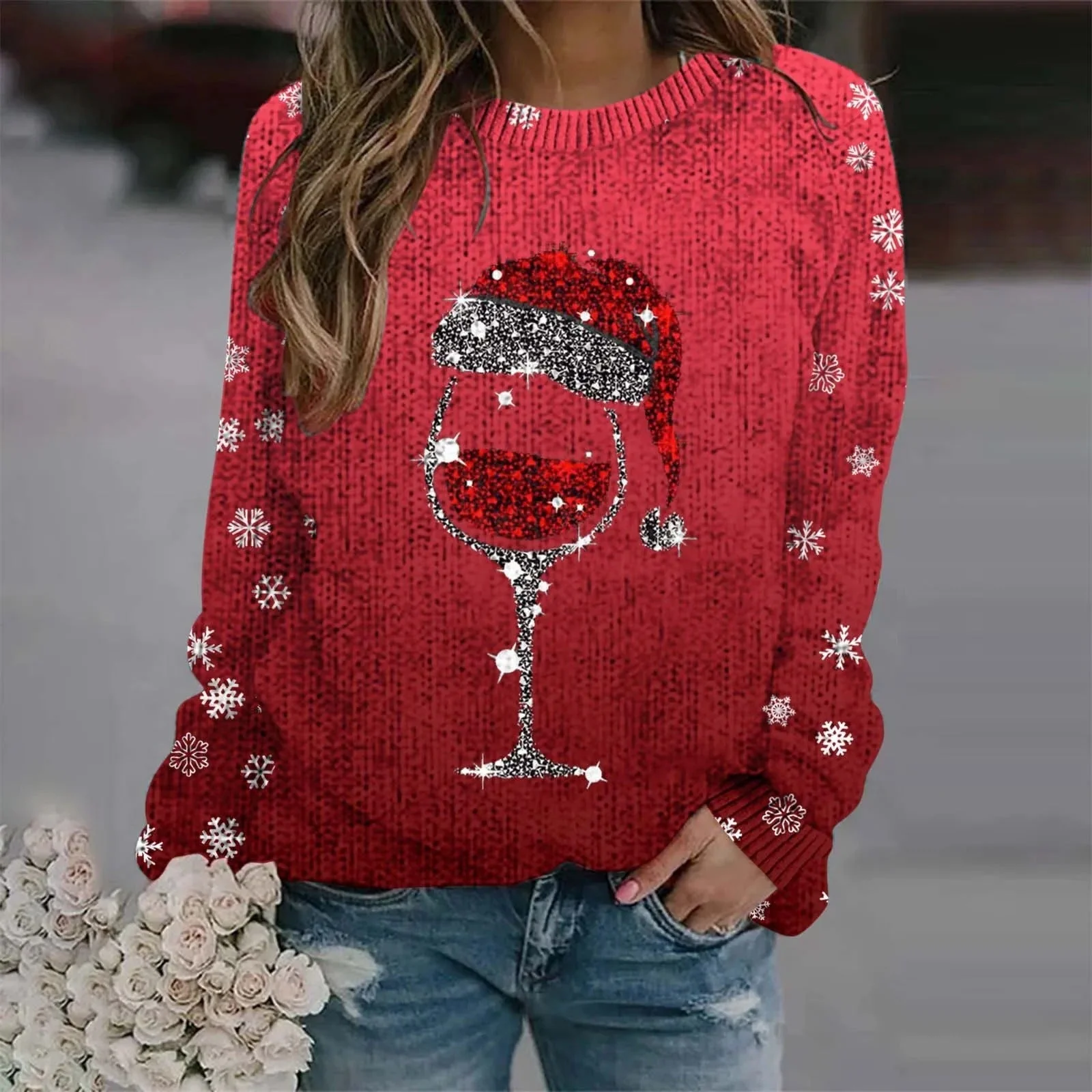 Juliana | Warm sweater with Christmas wine glass and printed Santa hat for women