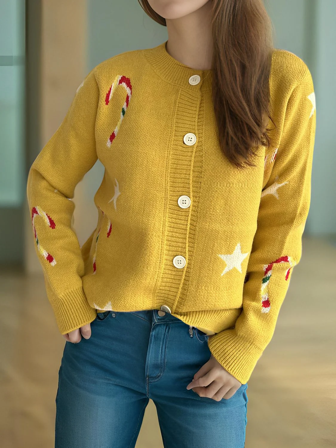 Justina | Candy Cane & Star button-front long-sleeved cardigan. - Image 11