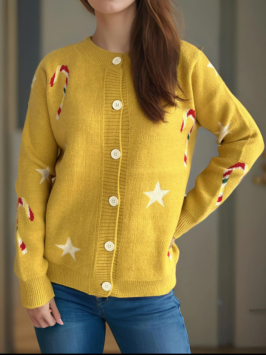 Justina | Candy Cane & Star button-front long-sleeved cardigan. - Image 12