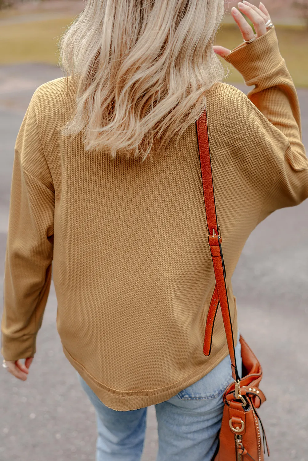 Jutta | Half button waffle knit crew neck top - Image 2