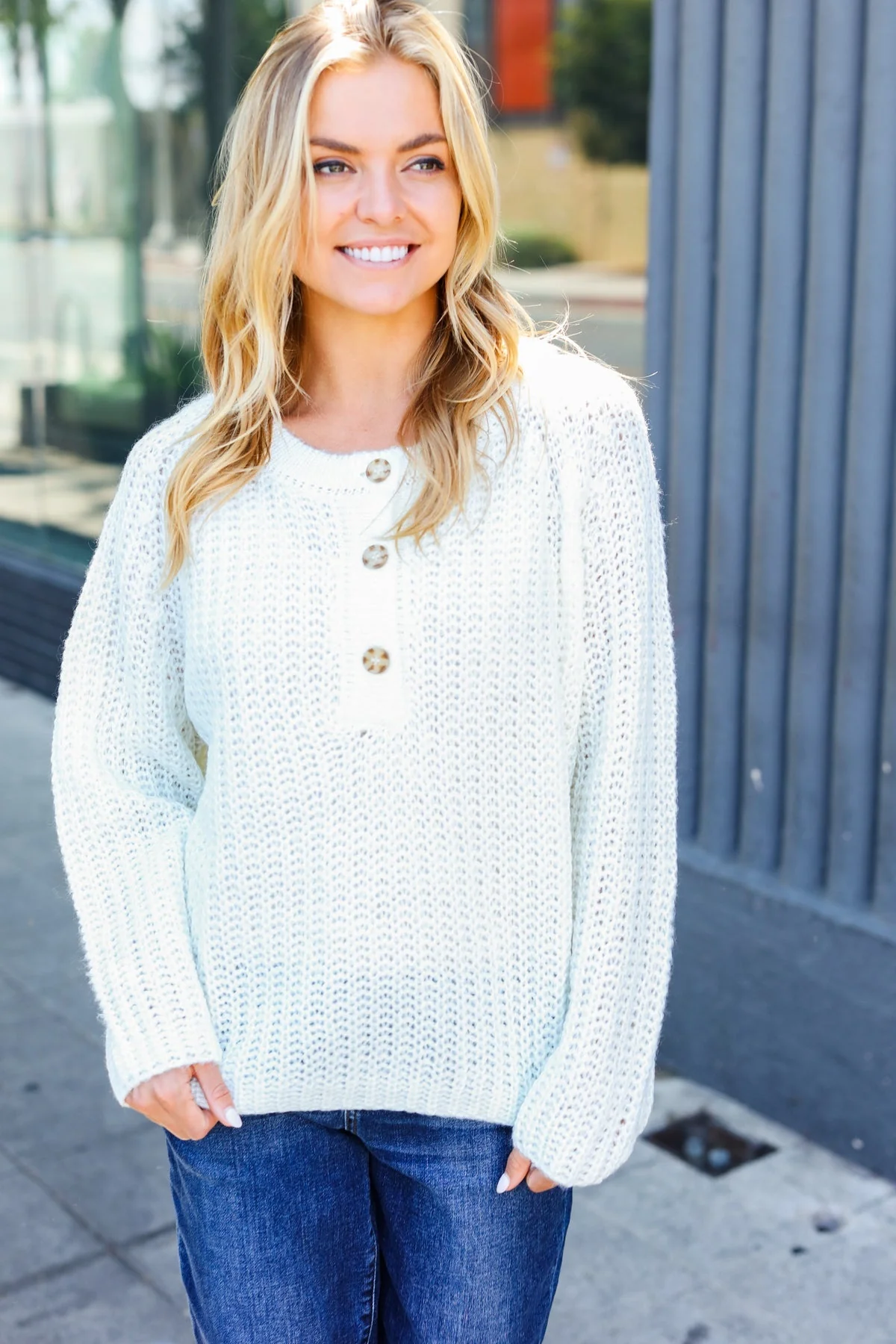 Karina | White loose knit henley button up sweater