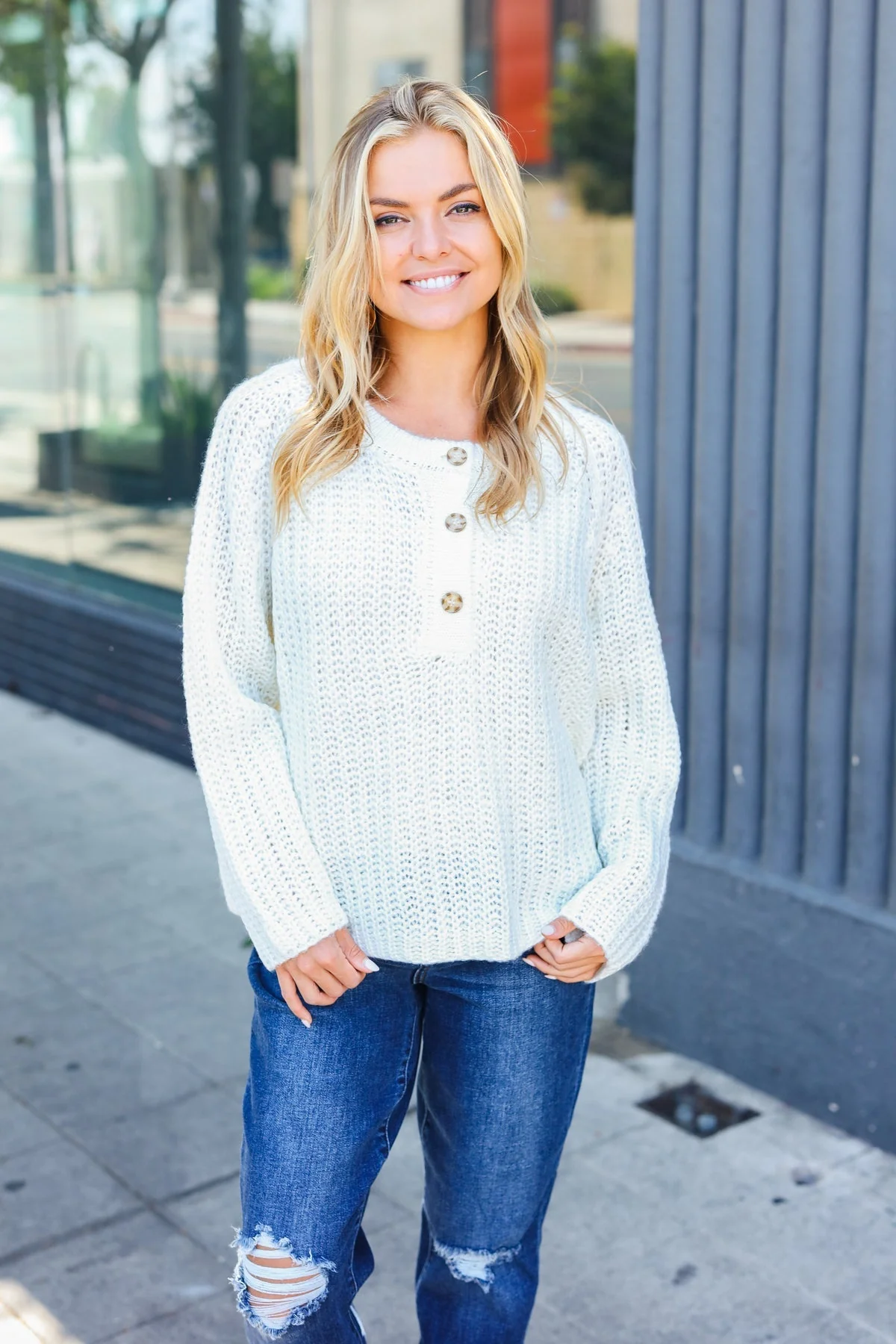Karina | White loose knit henley button up sweater - Image 6