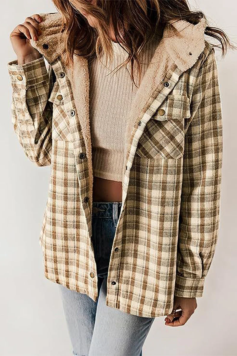 Katell | Casual fluffy contrast hooded outerwear with check pockets - Image 6
