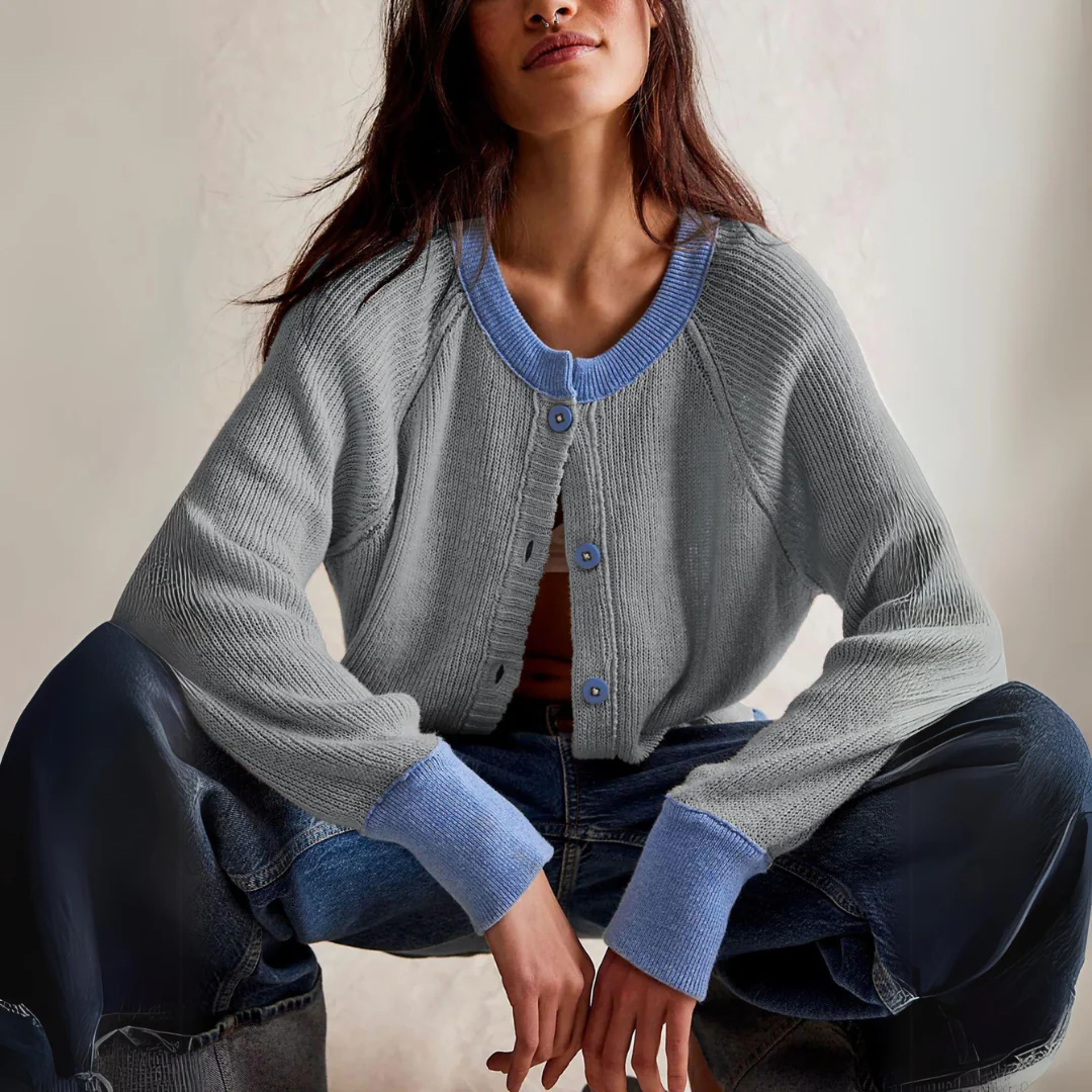 Katia | Cozy cardigan with contrasting stripes and button placket - Image 3
