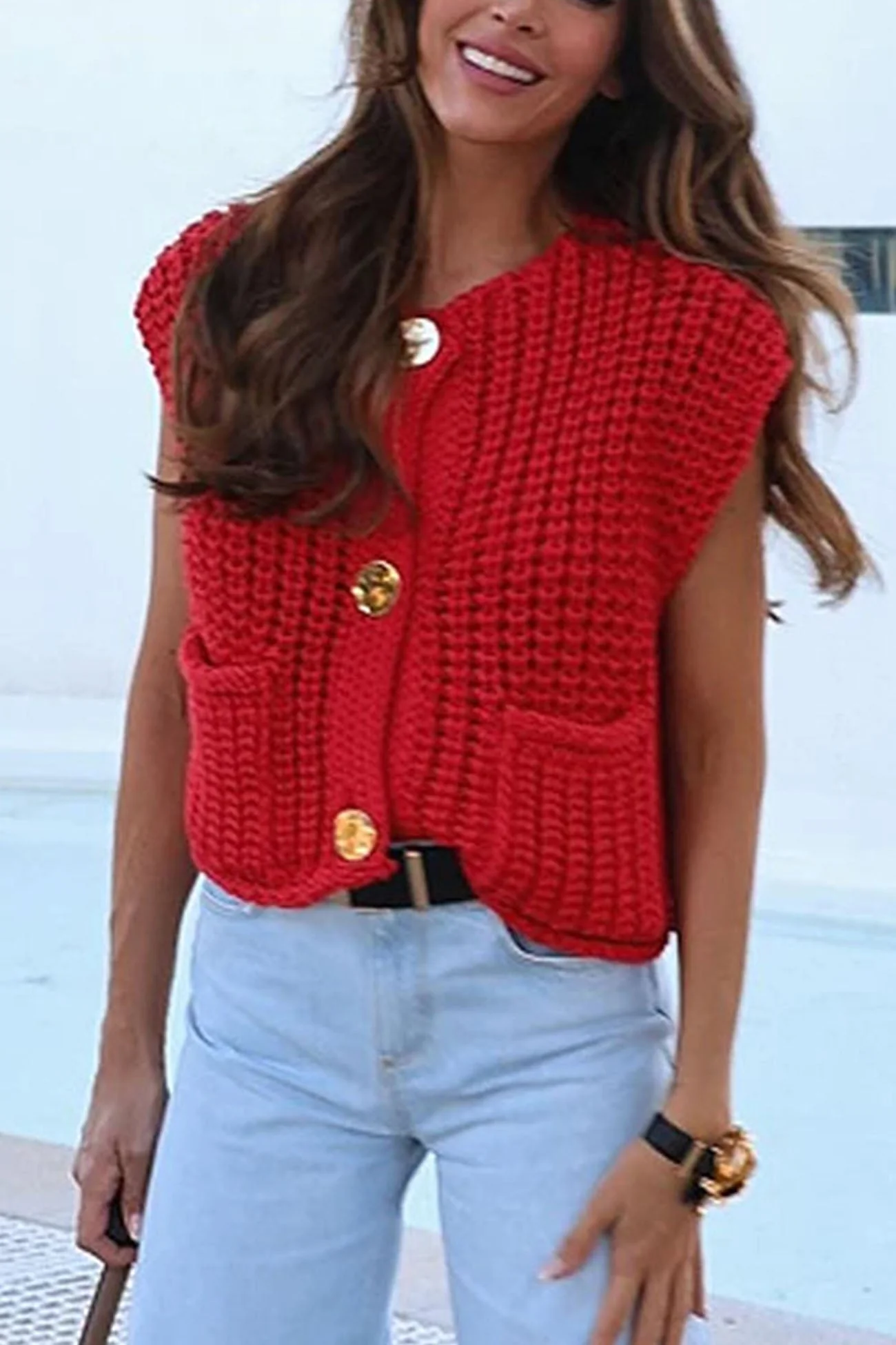 Katinka | Cardigan with a button placket at the front and sleeveless pockets - Image 3