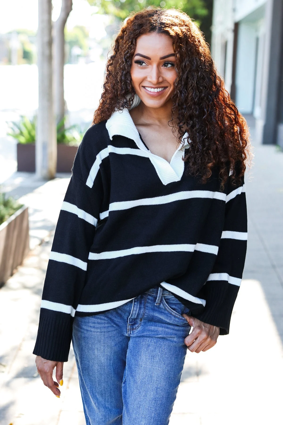Katja | Fall For You black stripe oversized notched collar sweater - Image 13