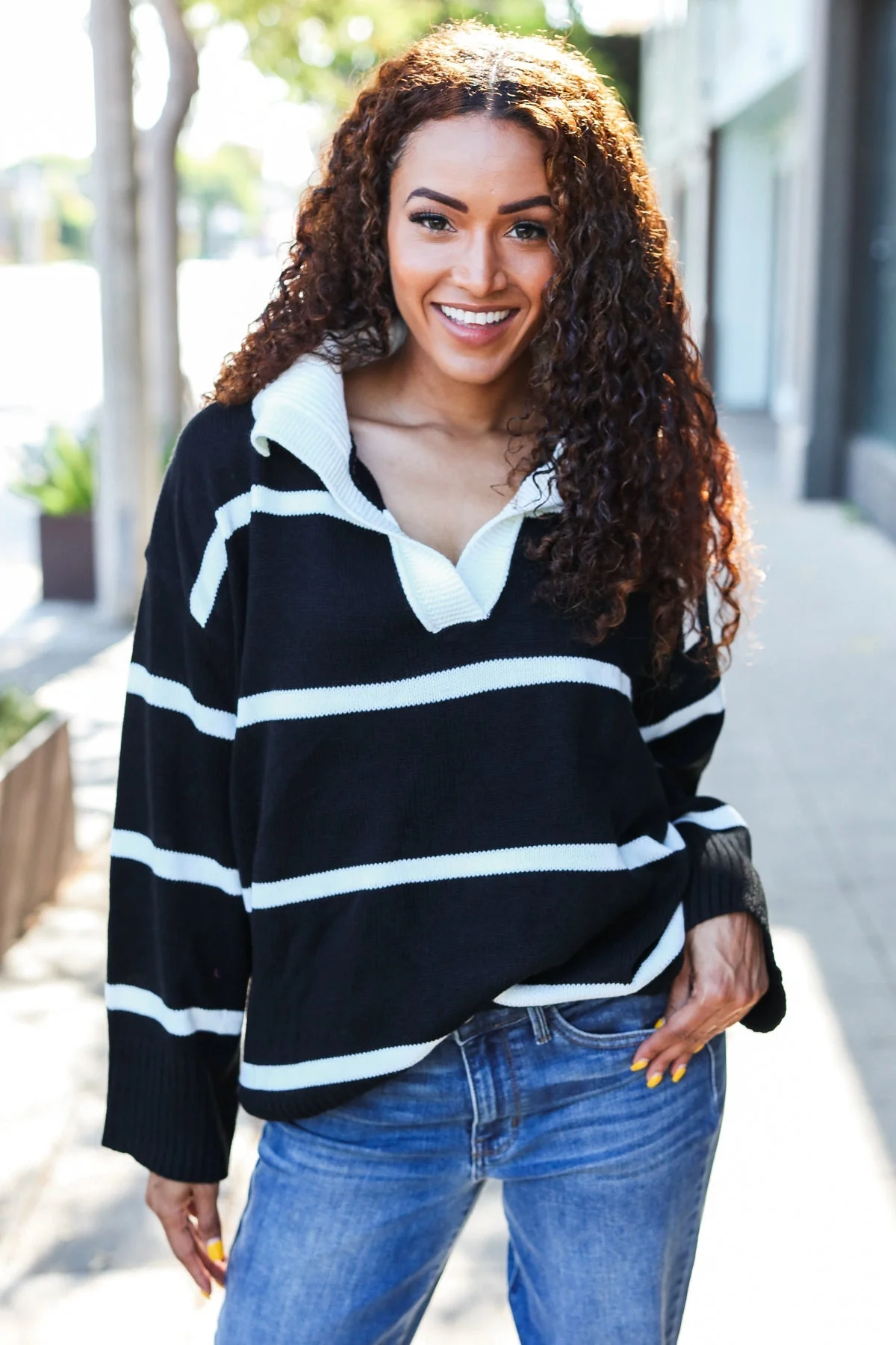 Katja | Fall For You black stripe oversized notched collar sweater - Image 2