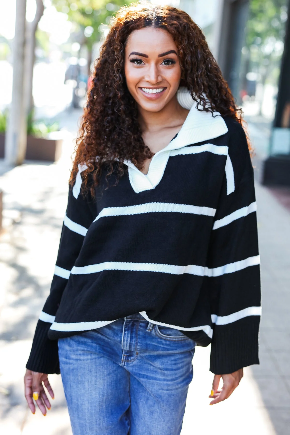 Katja | Fall For You black stripe oversized notched collar sweater - Image 5