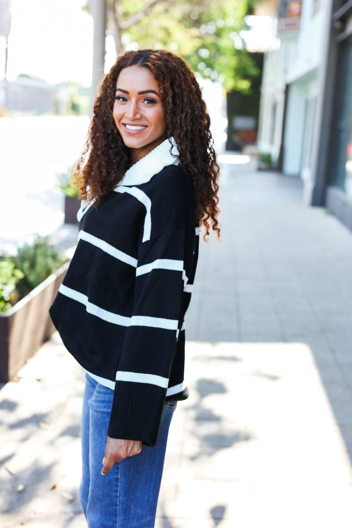 Katja | Fall For You black stripe oversized notched collar sweater - Image 7
