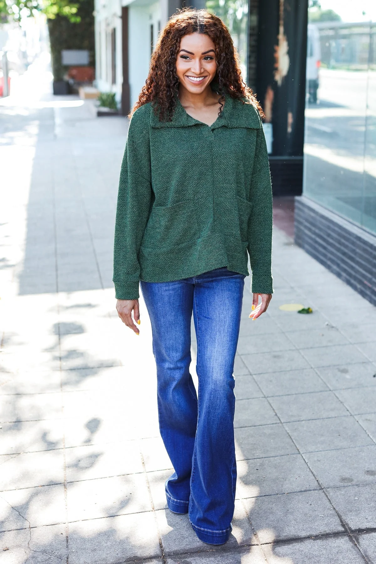 Kristina | Easy Living Olive green textured knit sweater with notched neckline and oversized collar - Image 19