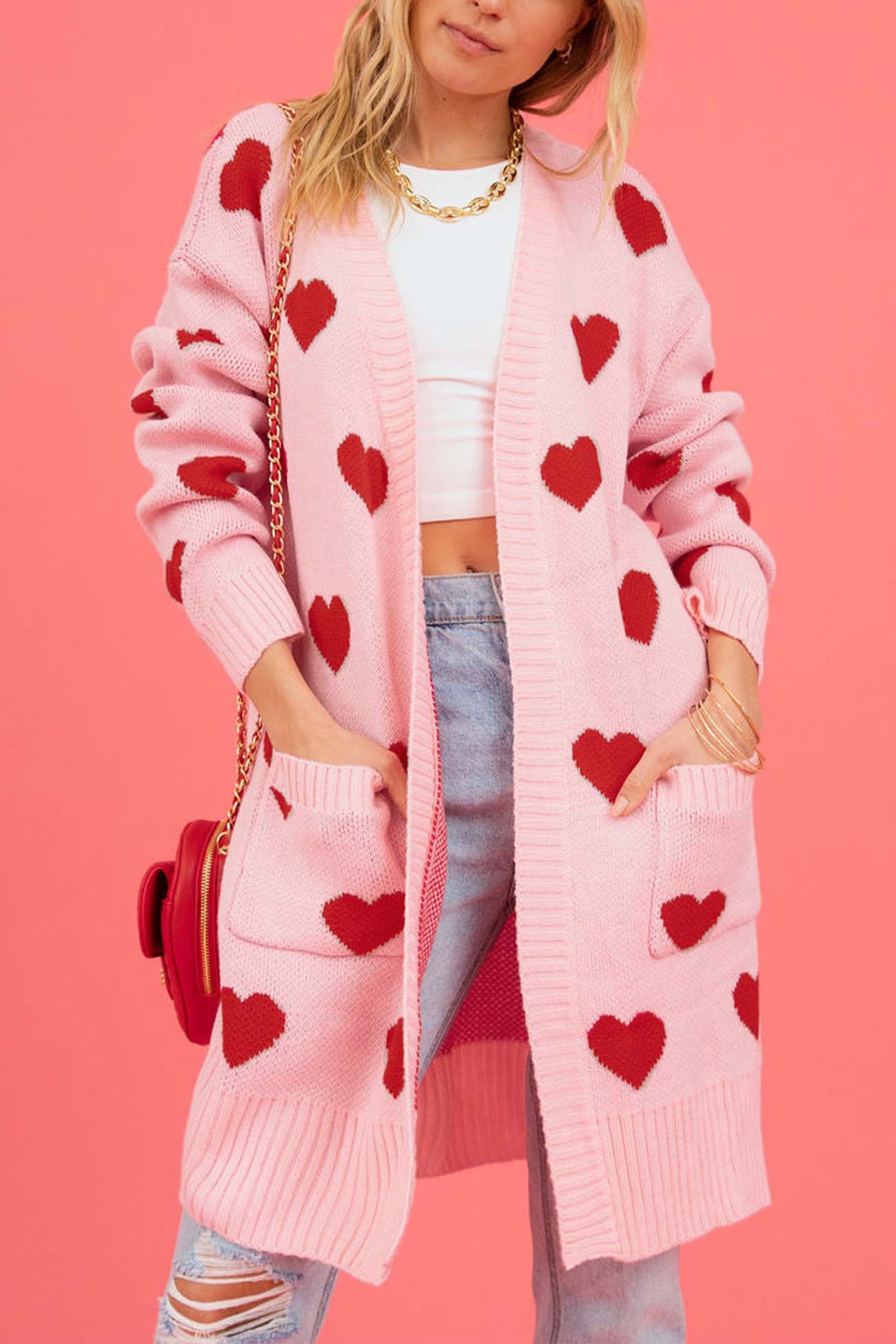 Kristina | Long cardigan with a sweetheart neckline and open front pocket - Image 6