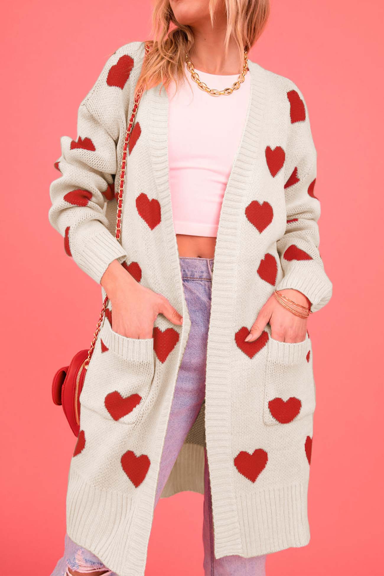 Kristina | Long cardigan with a sweetheart neckline and open front pocket - Image 7