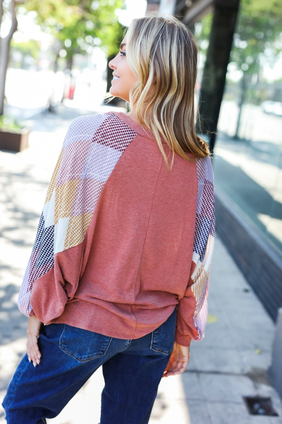 Larisa | Weekend Ready Rust Argyle V-Neck Dolman Top - Image 4