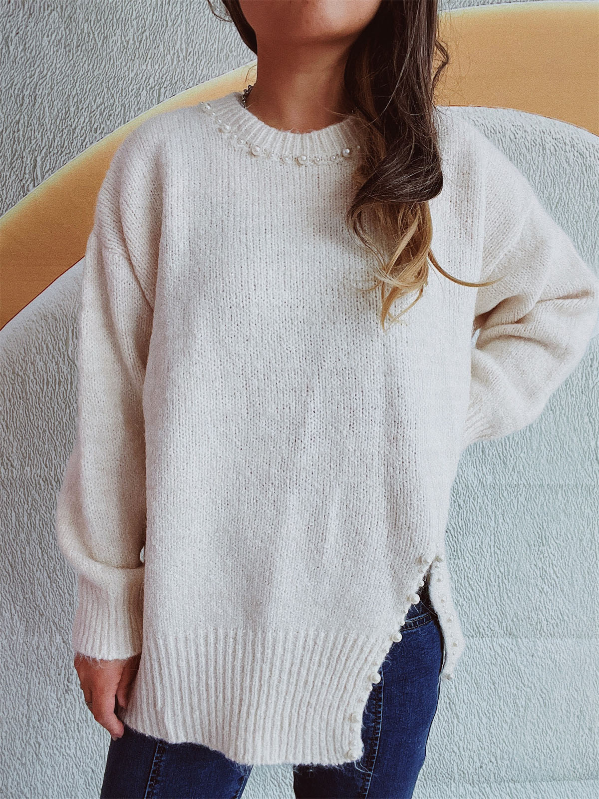 Larissa | Long-sleeved sweater with a slit and beaded trim and a crew neck - Image 5