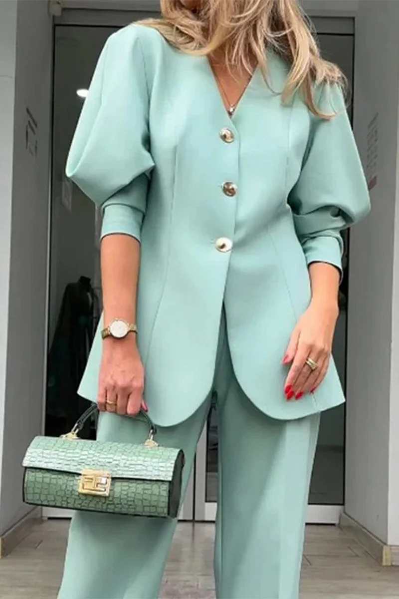 Laura | Elegant two-piece suit with plain buttons, V-neck and long sleeves - Image 2