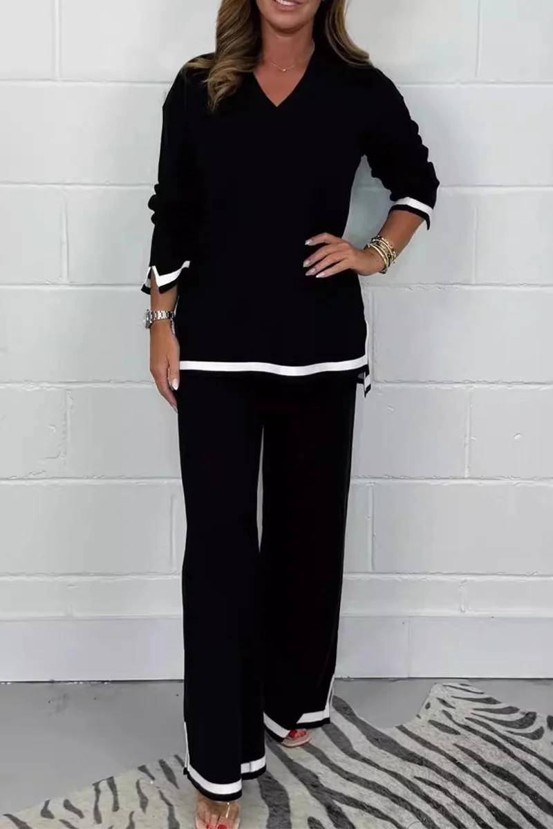 Laurina | Casual daily stripe patchwork slit contrast V-neck long sleeves two piece suit