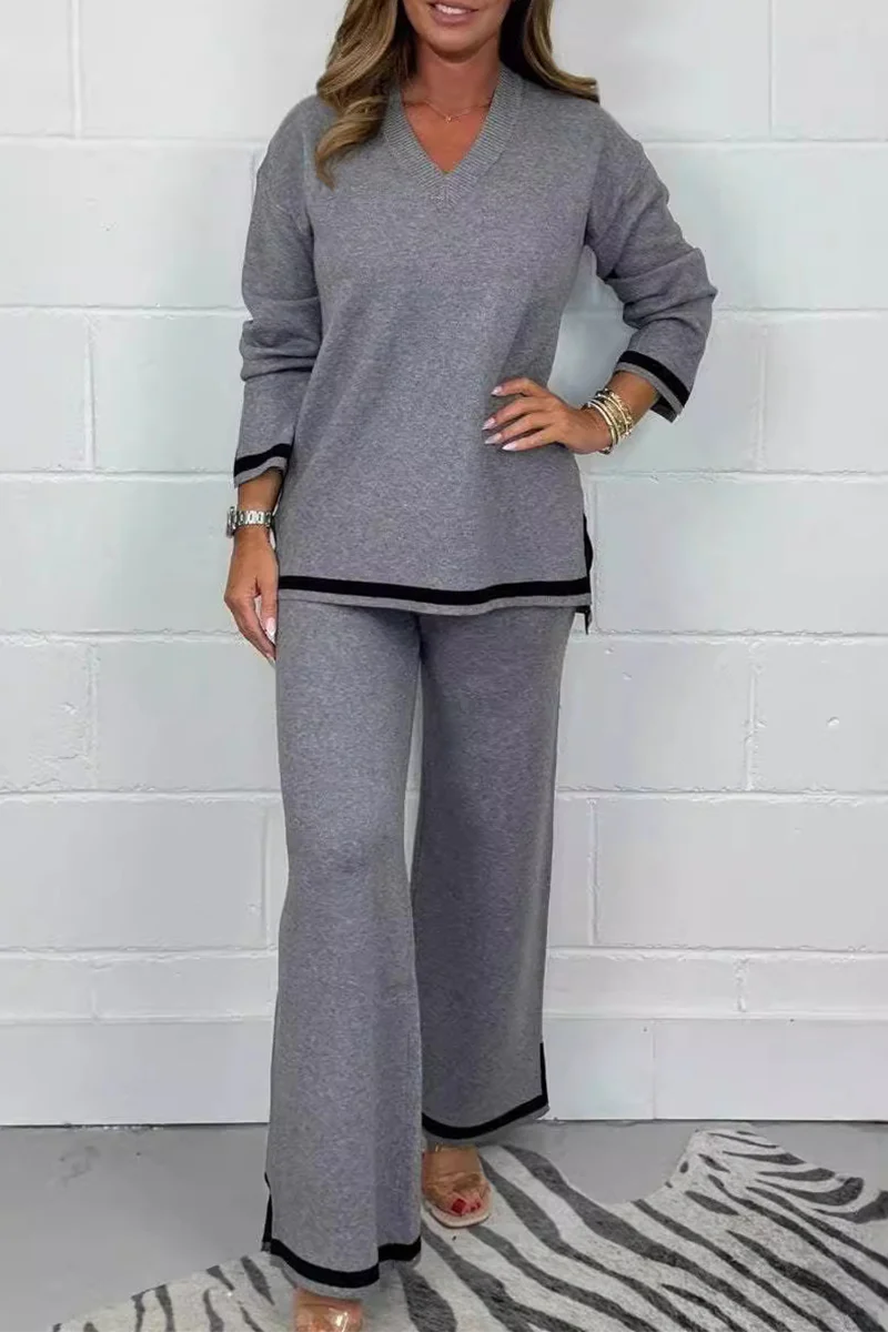 Laurina | Casual daily stripe patchwork slit contrast V-neck long sleeves two piece suit - Image 2