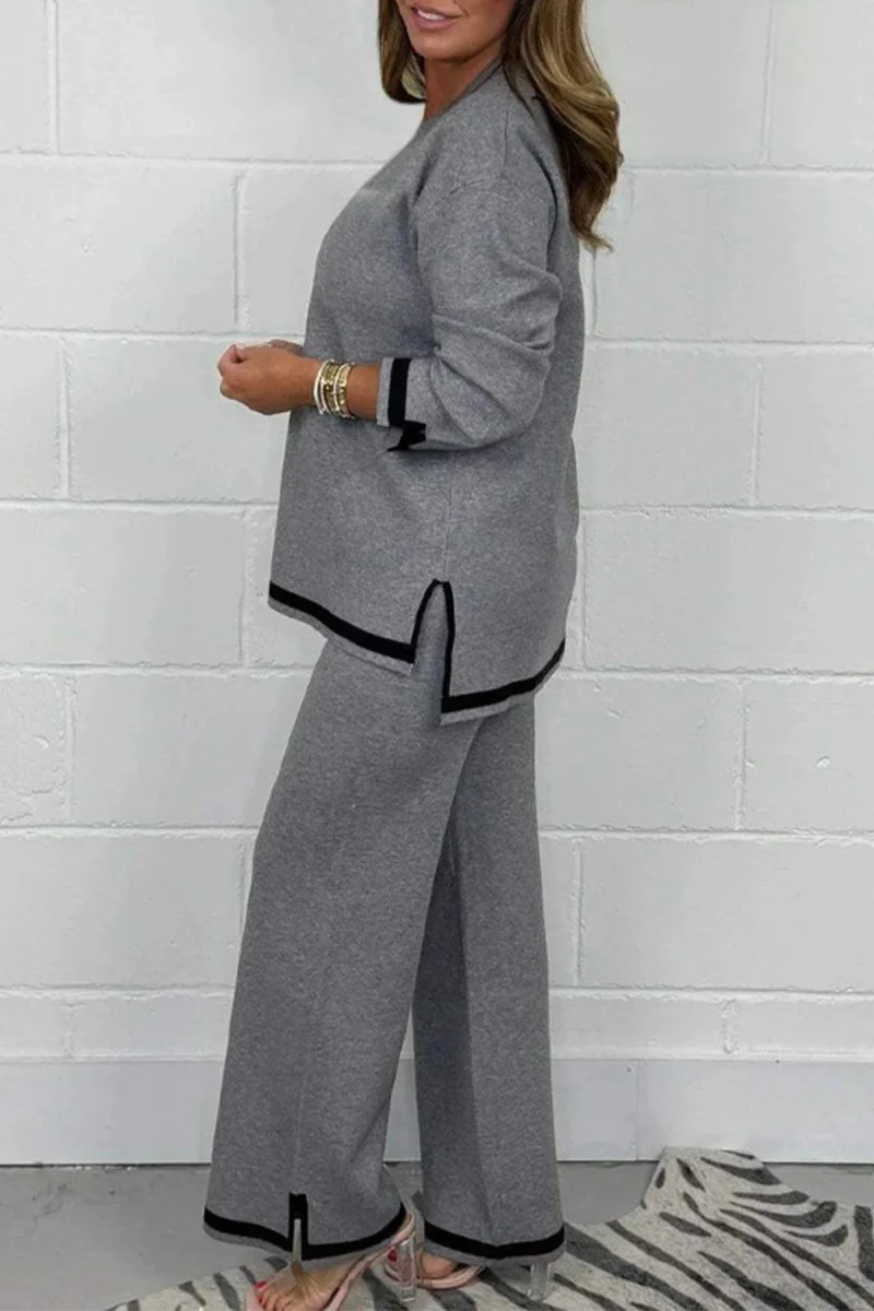 Laurina | Casual daily stripe patchwork slit contrast V-neck long sleeves two piece suit - Image 4