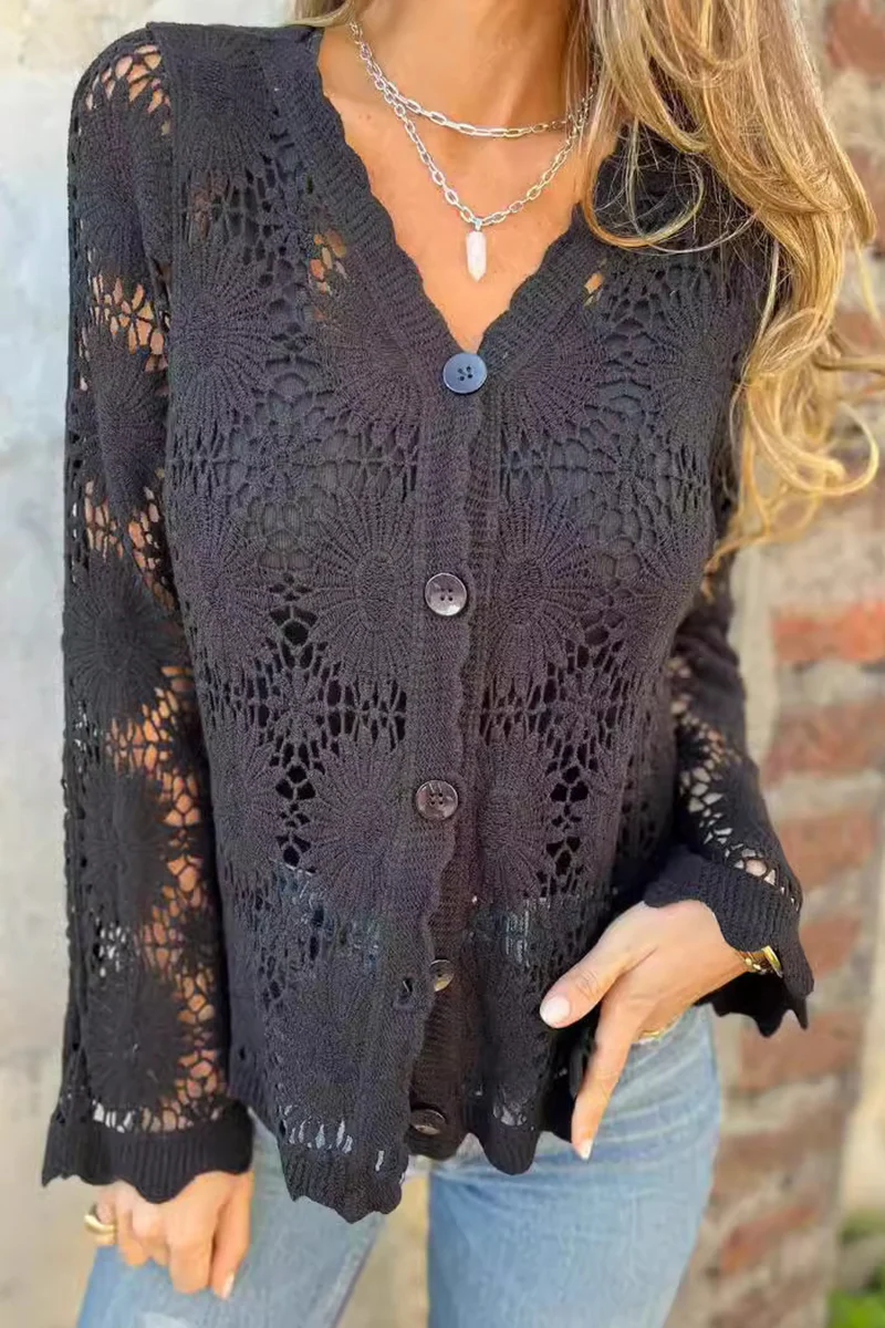 Lea | Casual lace blouses with hollowed out buttons and V-neck