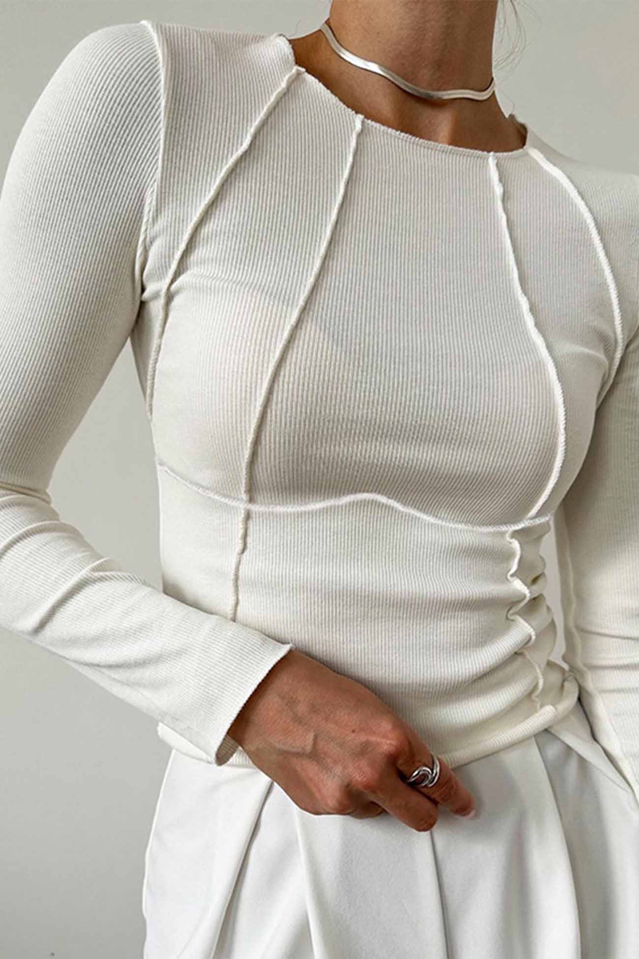 Lena | Solid color slim crew neck tops - Image 3