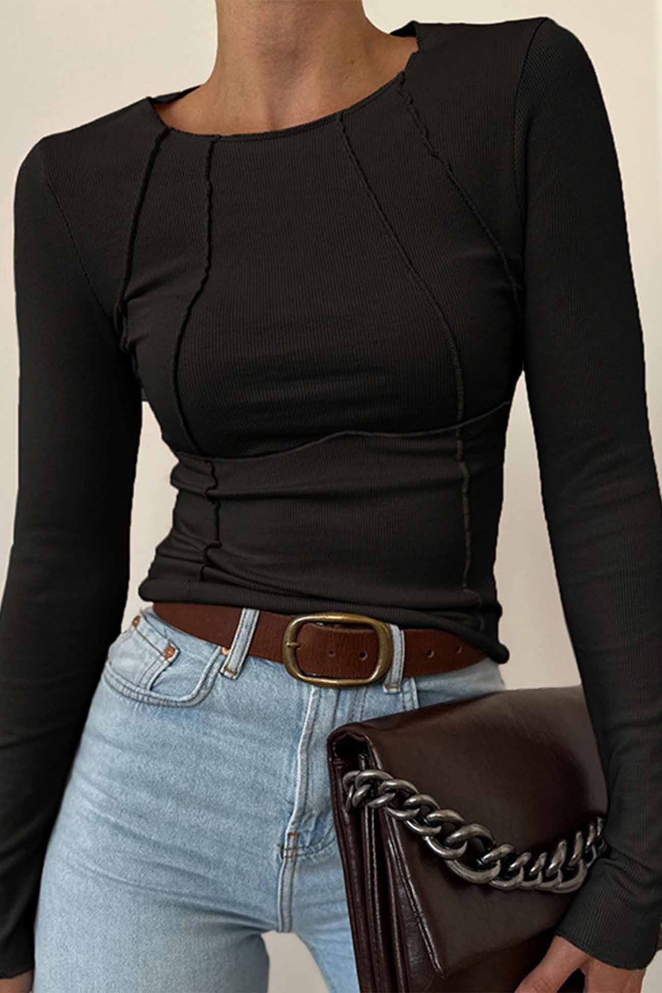 Lena | Solid color slim crew neck tops - Image 4