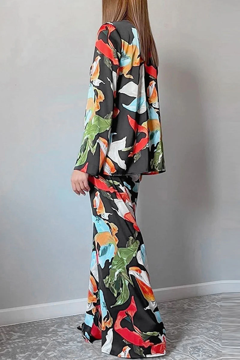 Leticia | Casual Living Geometric Patchwork Turn-Down Collar Long Sleeve Two Piece Set - Image 2