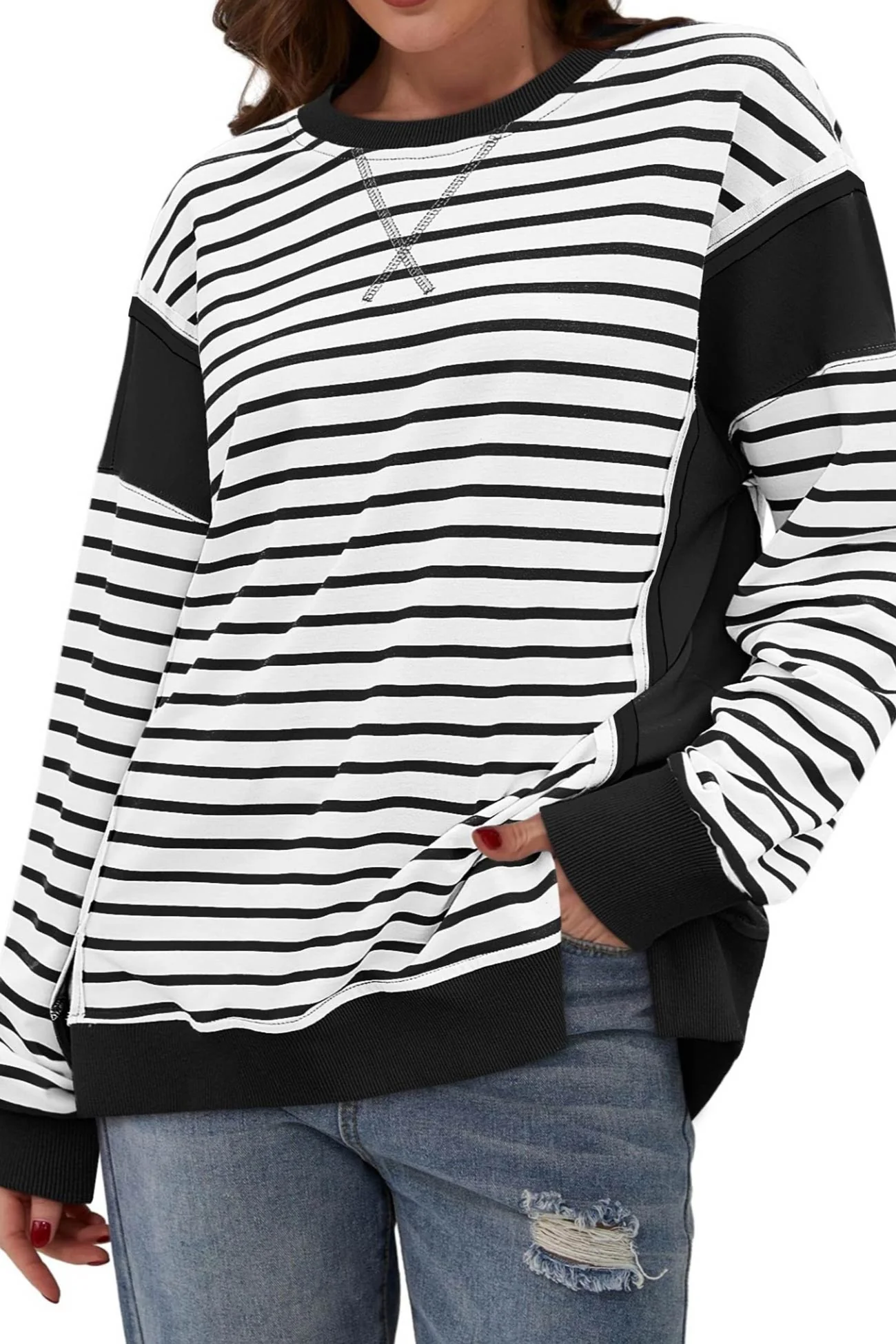 Lilian | Striped patchwork crew neck sweatshirt - Image 11