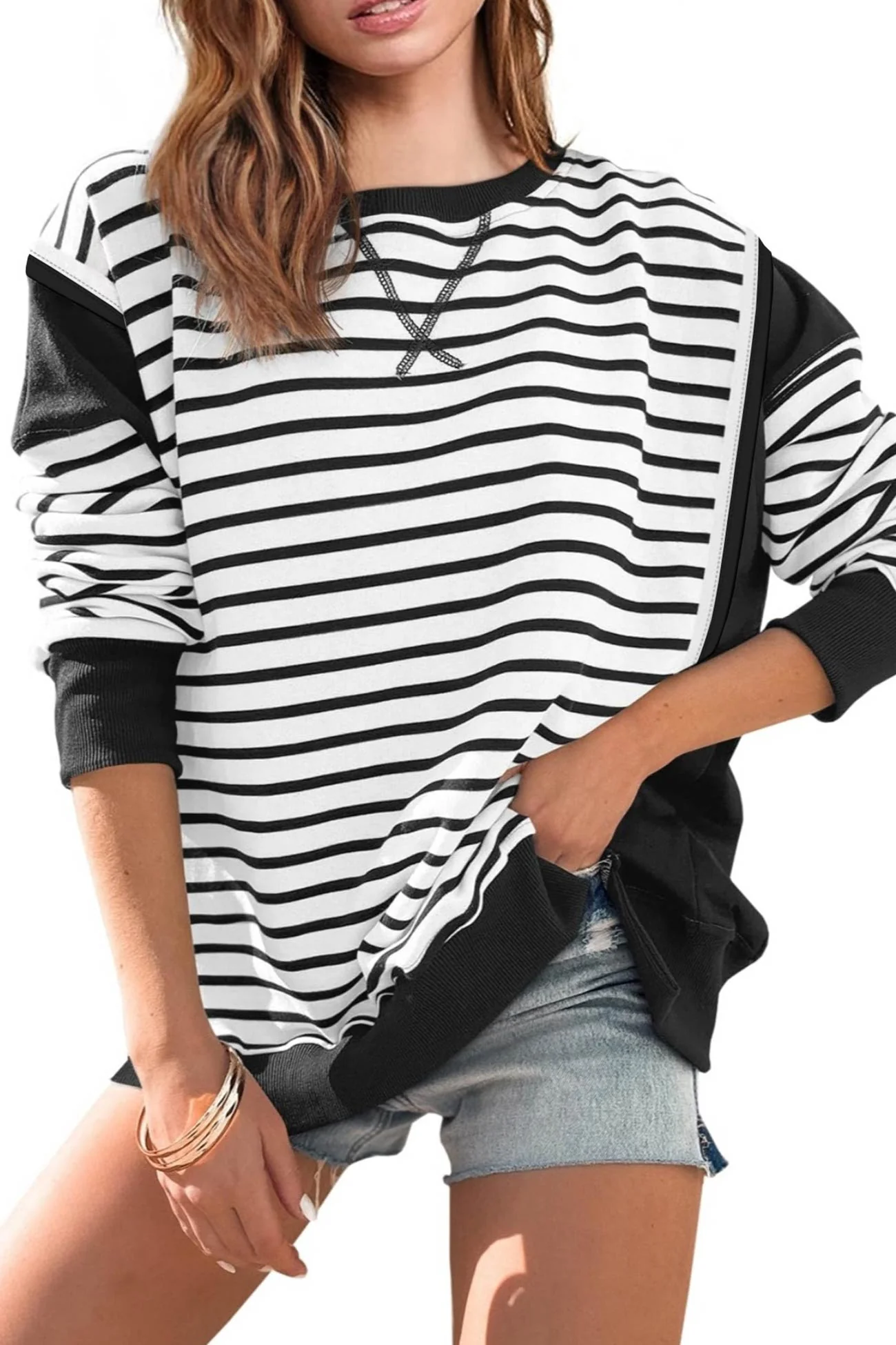 Lilian | Striped patchwork crew neck sweatshirt - Image 12