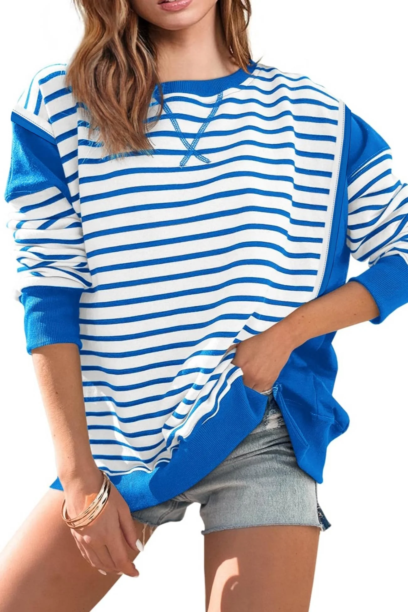 Lilian | Striped patchwork crew neck sweatshirt - Image 14
