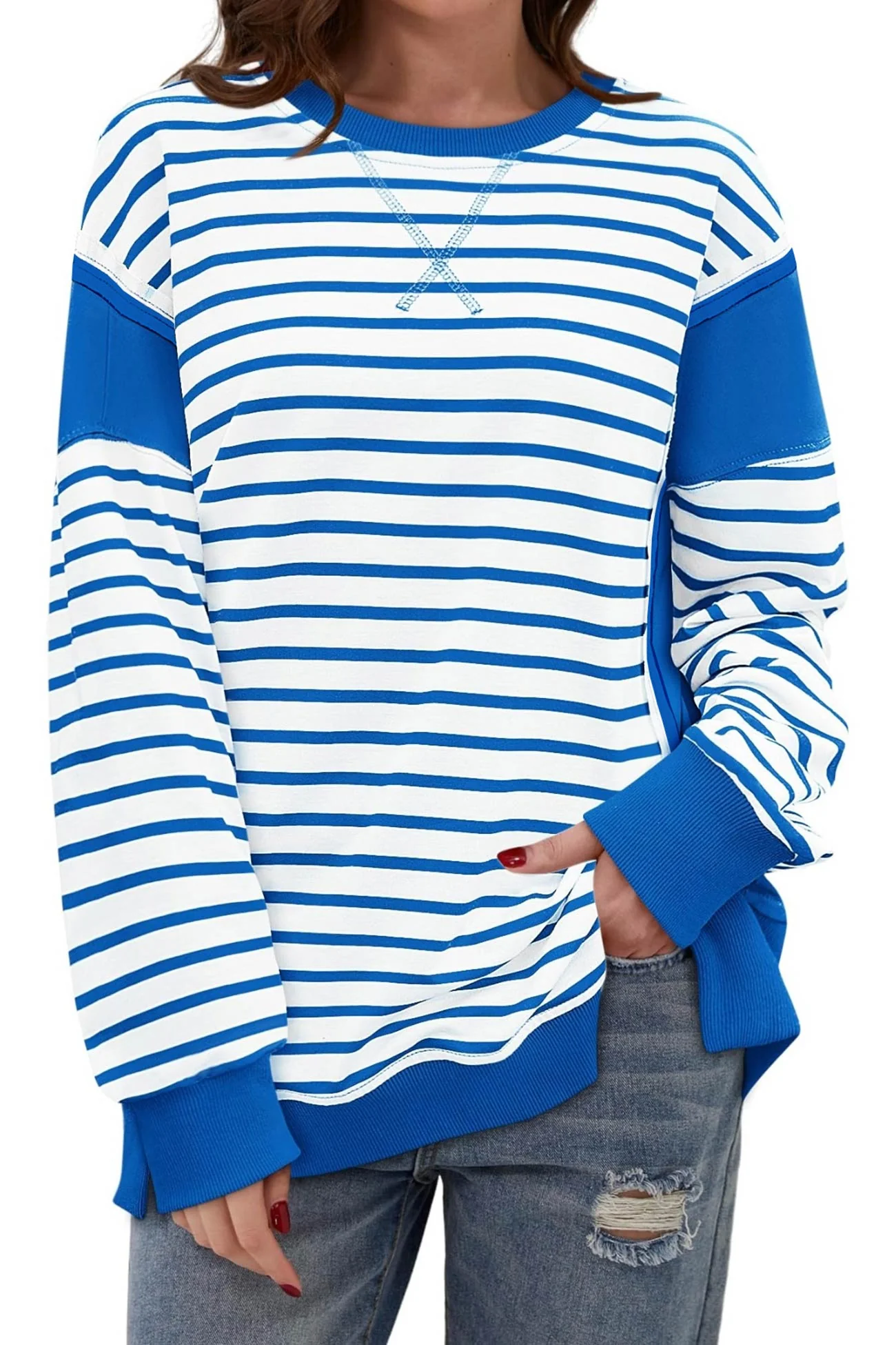 Lilian | Striped patchwork crew neck sweatshirt - Image 15
