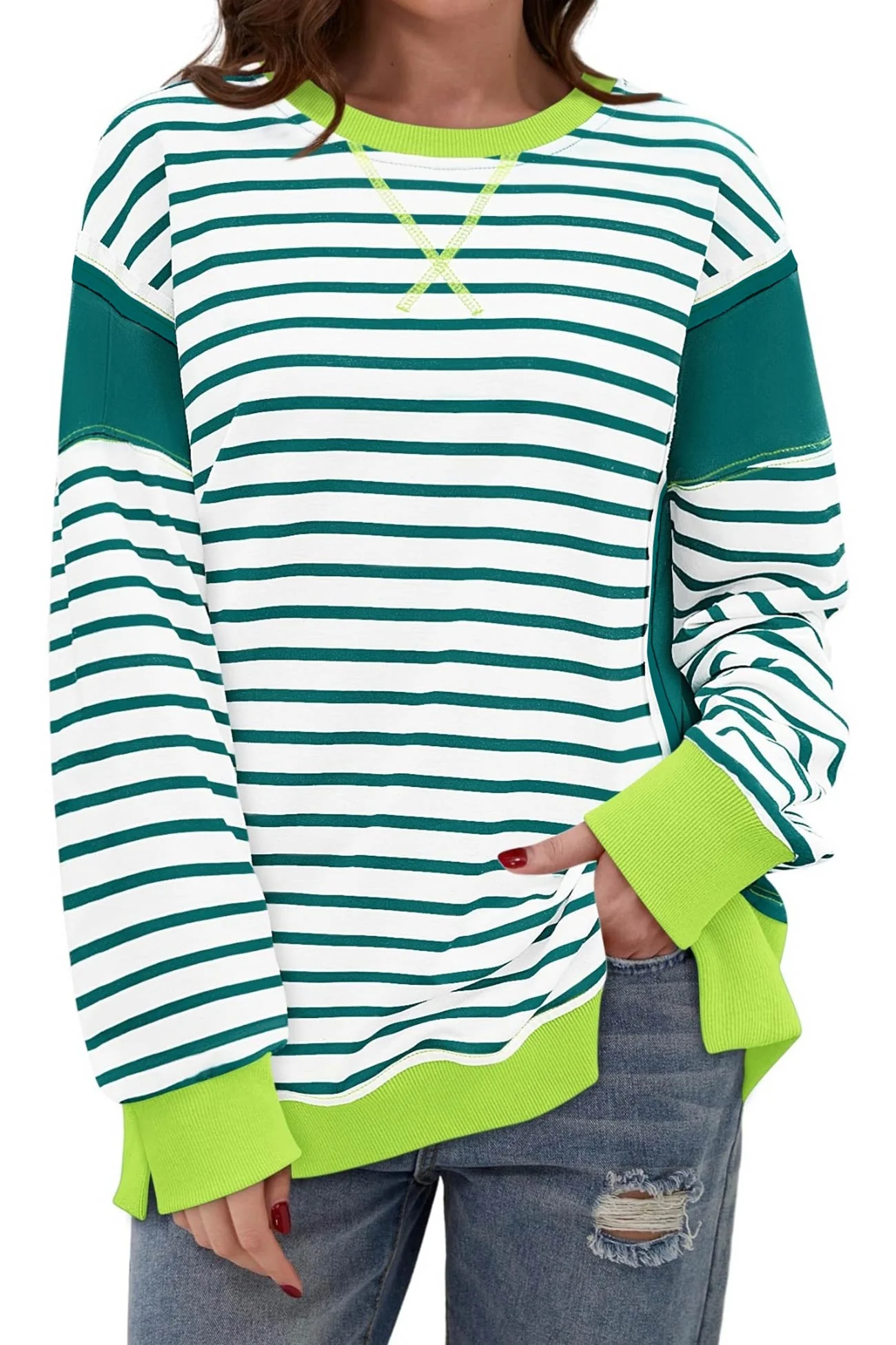Lilian | Striped patchwork crew neck sweatshirt - Image 6