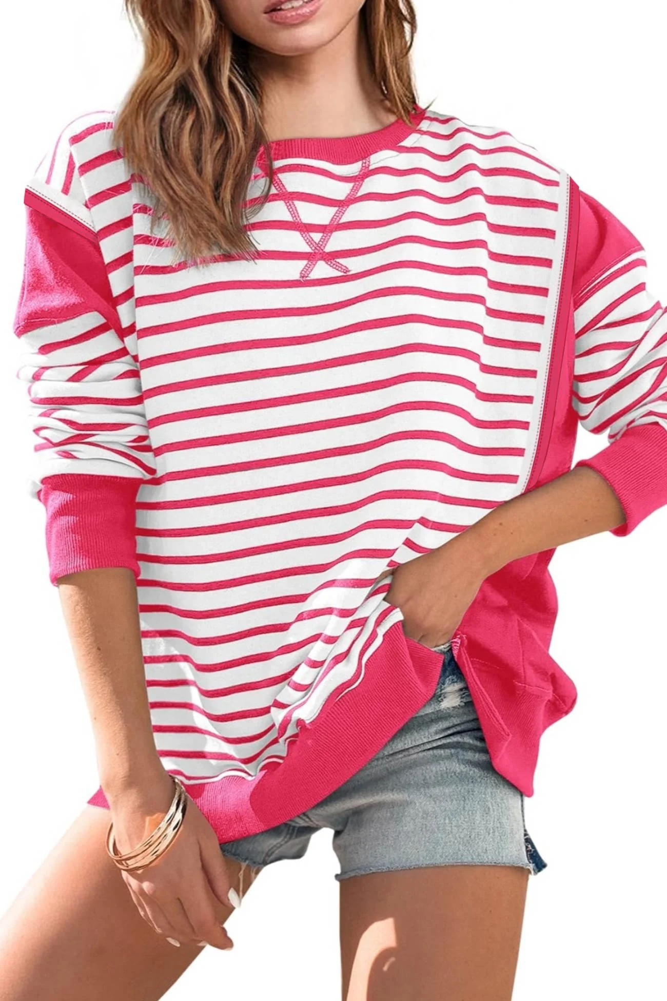 Lilian | Striped patchwork crew neck sweatshirt - Image 8