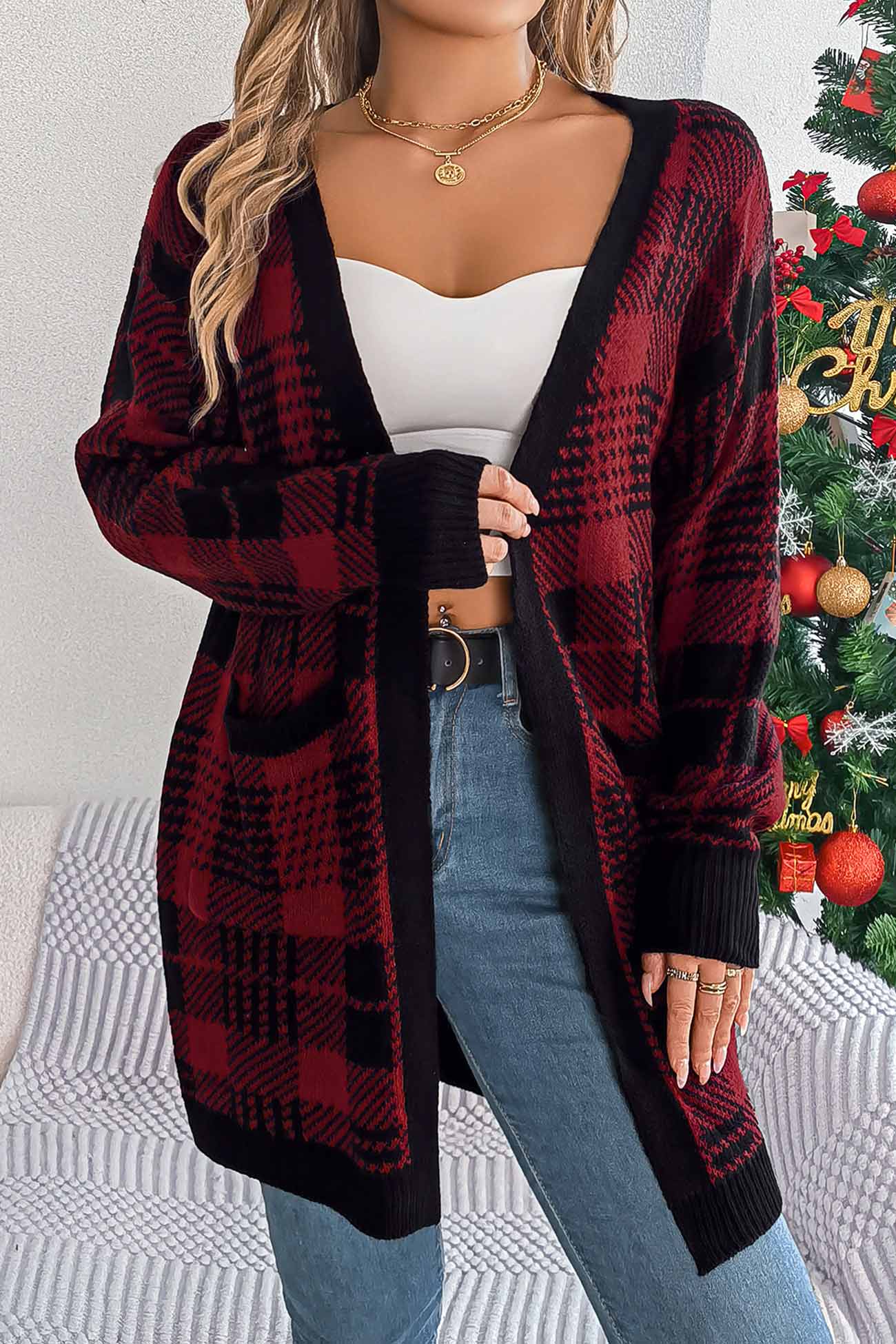 Lilli | Contrast checked cardigan with open front - Image 3