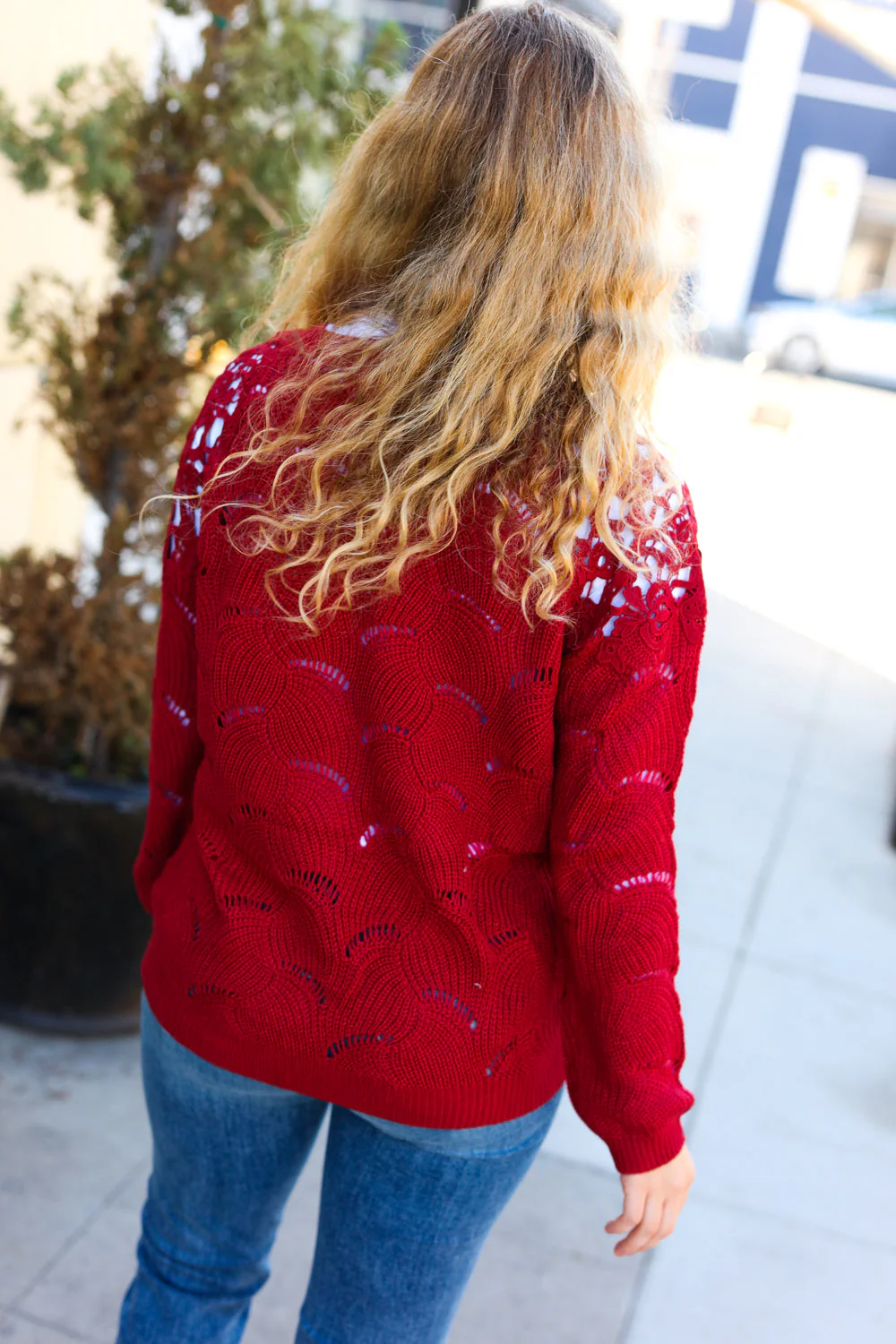 Lorena | Casual chic burgundy pointelle lace shoulder knit sweater - Image 2