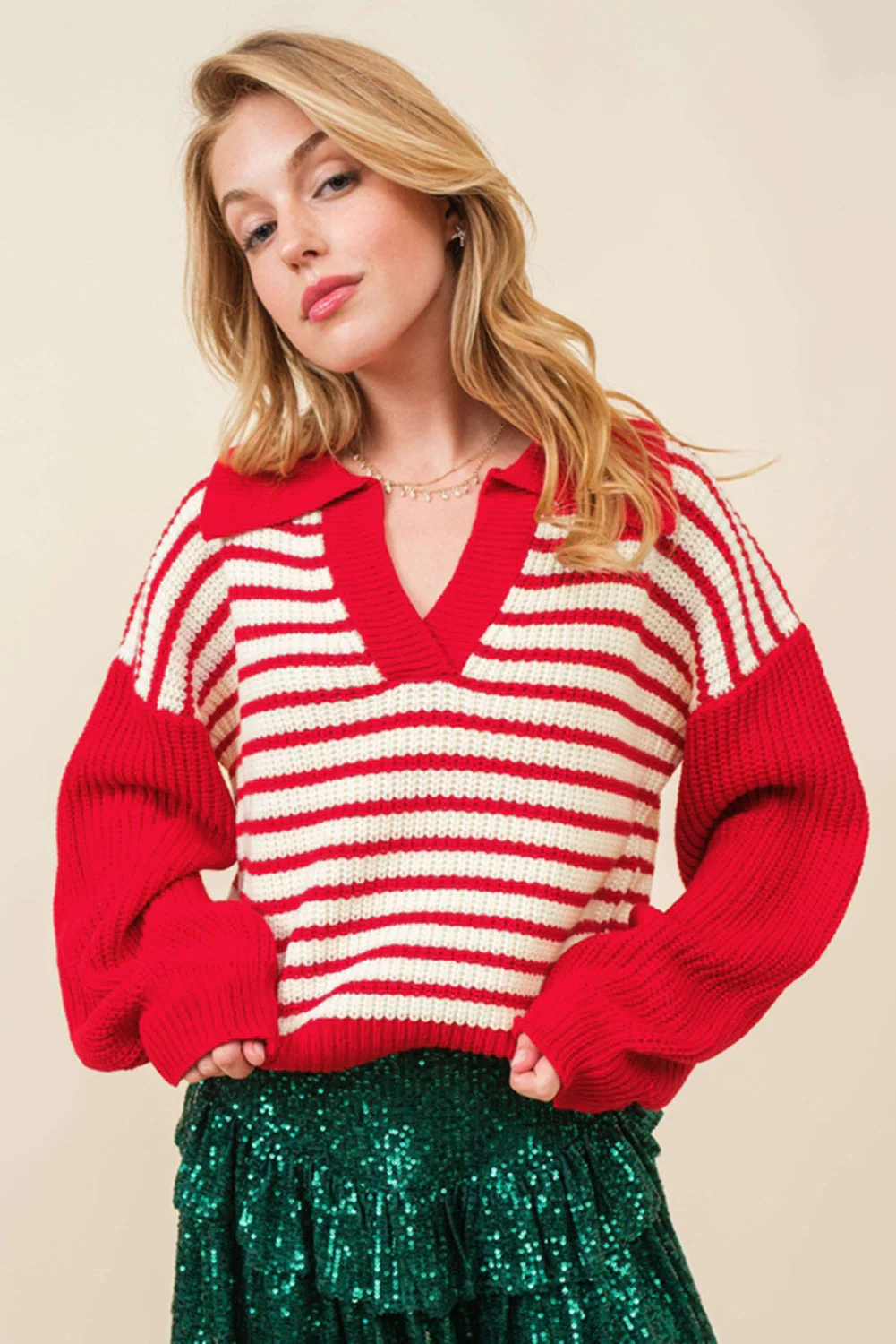 Lorena | Striped long-sleeved sweater with Johnny collar - Image 2