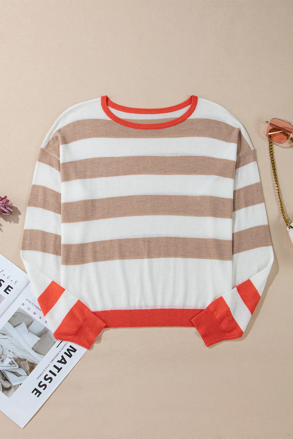 Loretta | Contrasting striped long-sleeved knitted top with a crew neck - Image 3