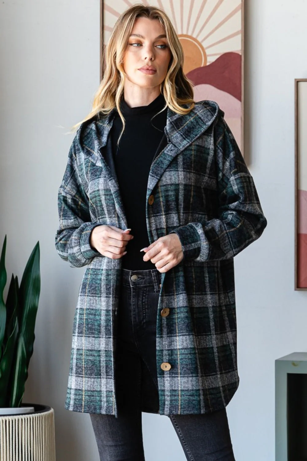 Loretta | Heimish checked button-down cardigan with hood and long sleeves - Image 4