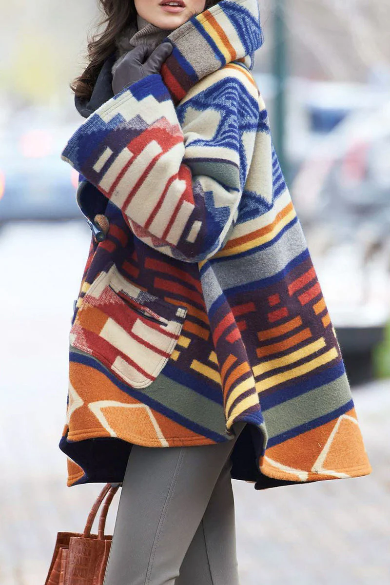 Lucía | Elegant outerwear with a geometric print and a patchwork hooded collar - Image 2