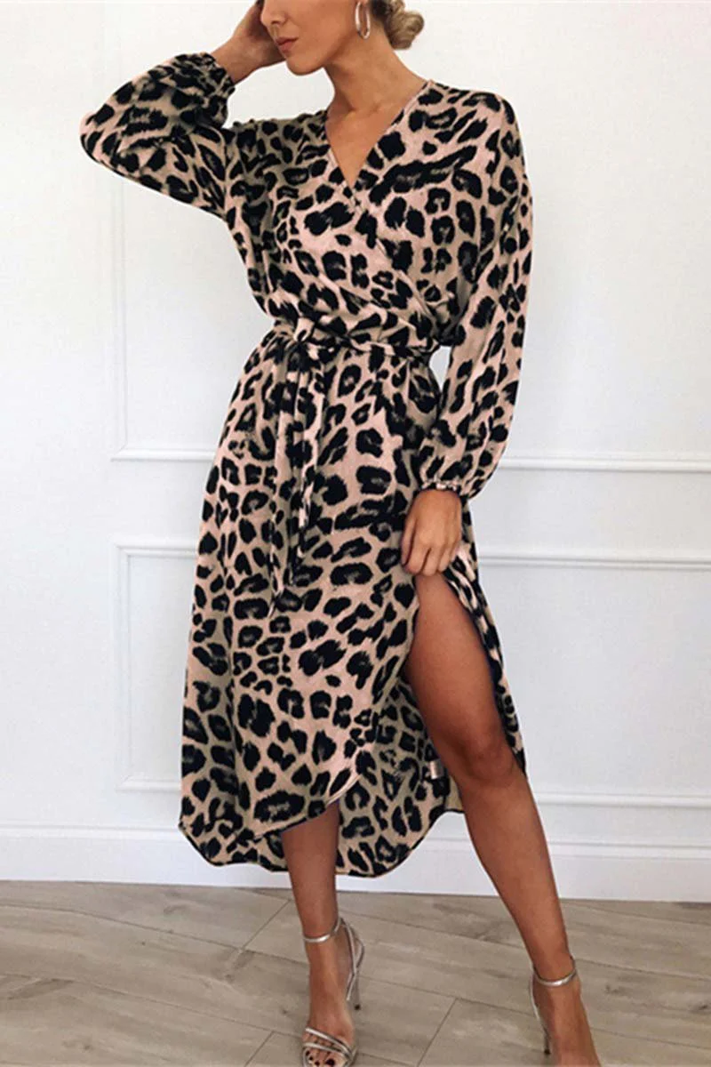 Lucia® | Elegant V-Neck Midi Dress With Leopard Print Waistband - Image 3