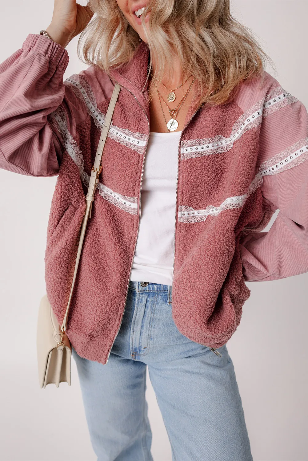 Lucía | Long sleeve jacket with fluffy lace detail and zip fastening
